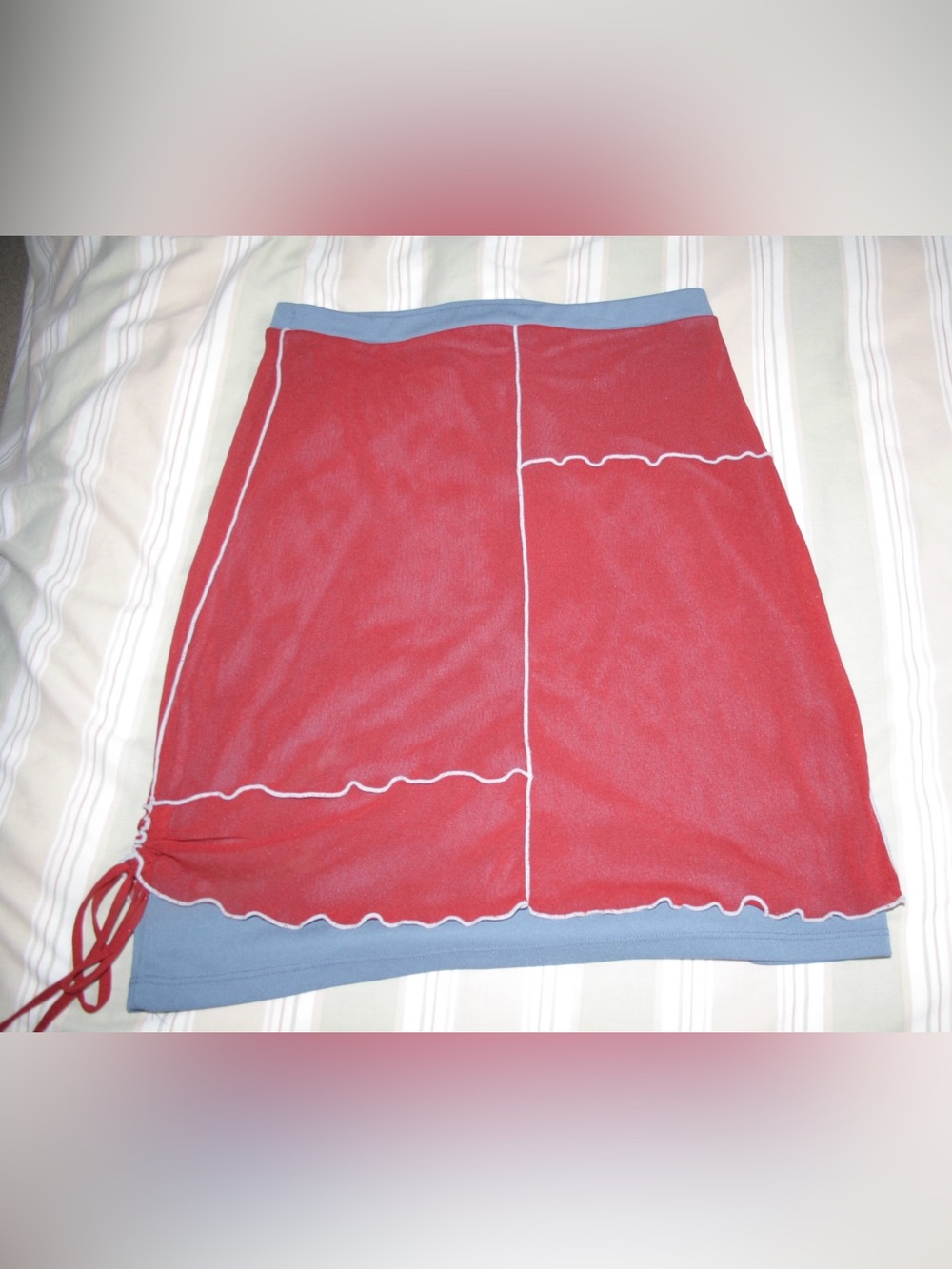 Red Paneled Mini Skirt with Blue Trim